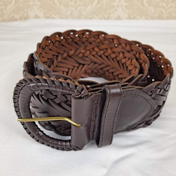 Coldwater Creek Size L/XL Wide Brown Leather Woven Belt Covered Buckle NWOT - Picture 1 of 9